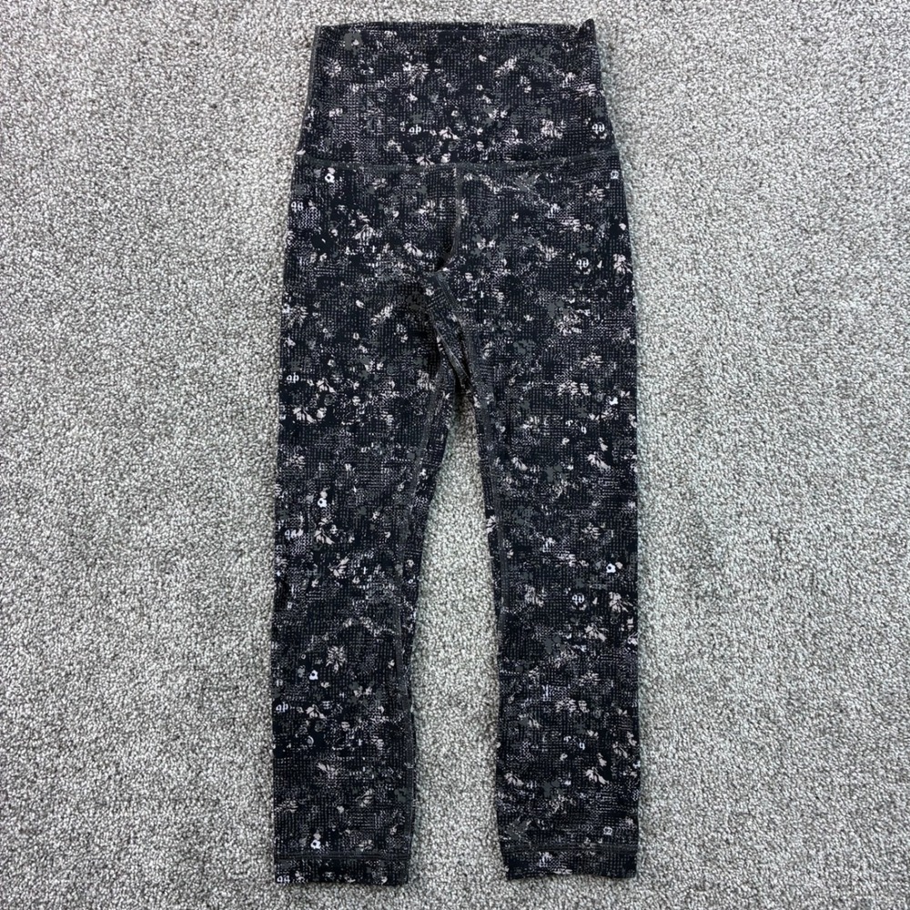 Lululemon Align Crop Leggings Women's 2 Black Floral Nylon High Rise LW6AXWS